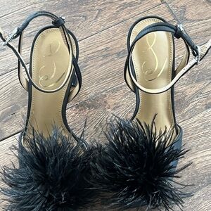 Sam Edelman Leon Black Feather Pom-Pom Ankle Strap Heels